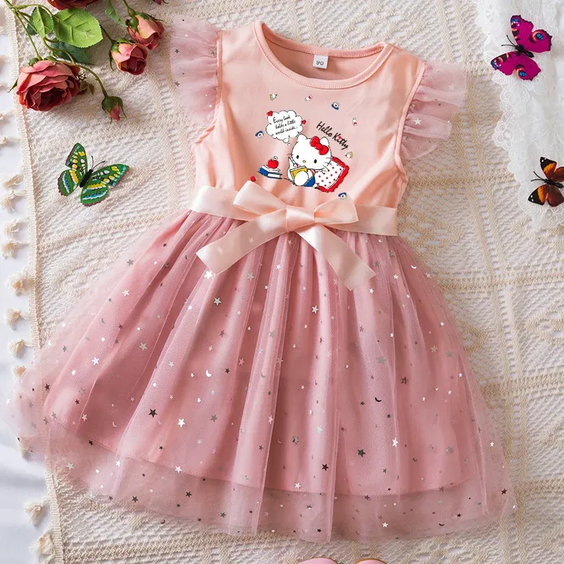Color: Pink, Kid Size: 11 - Hello Kitty Girls Sequin Tutu Dress with Bow Flutter Sleeves Summer Princess Party Outfit for Toddler Kids 2-6 Years