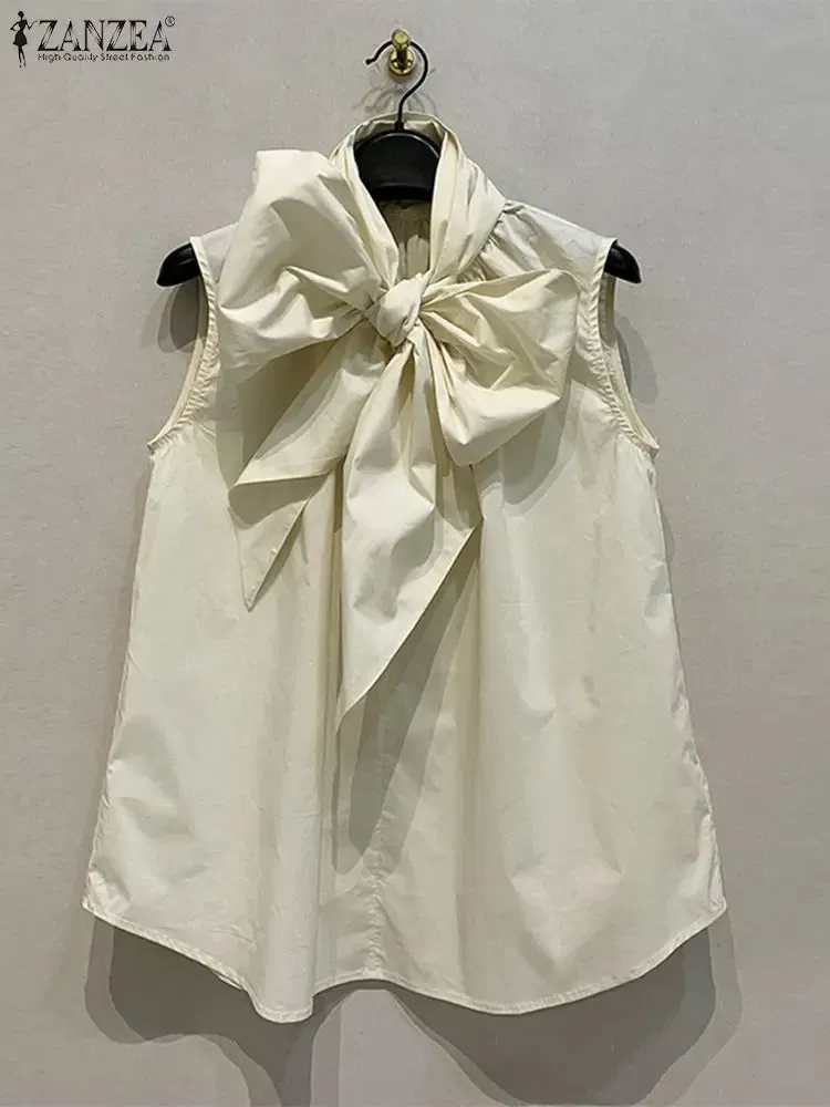 Color: Beige, Size: L - ZANZEA Women Fashion Bow Tie Neck Tank Tops 2024 Summer Casual Solid Sleeveless Blusas Mujer Elegant Korean Style Shirts Blouses