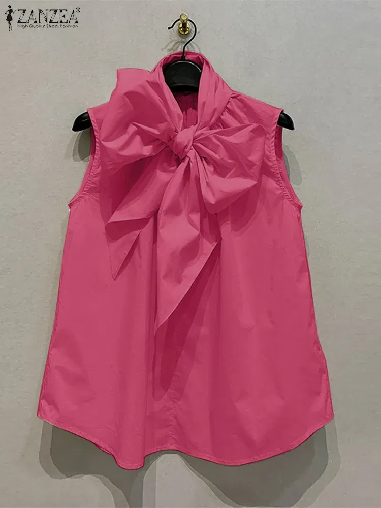 Color: Beige, Size: L - ZANZEA Women Fashion Bow Tie Neck Tank Tops 2024 Summer Casual Solid Sleeveless Blusas Mujer Elegant Korean Style Shirts Blouses
