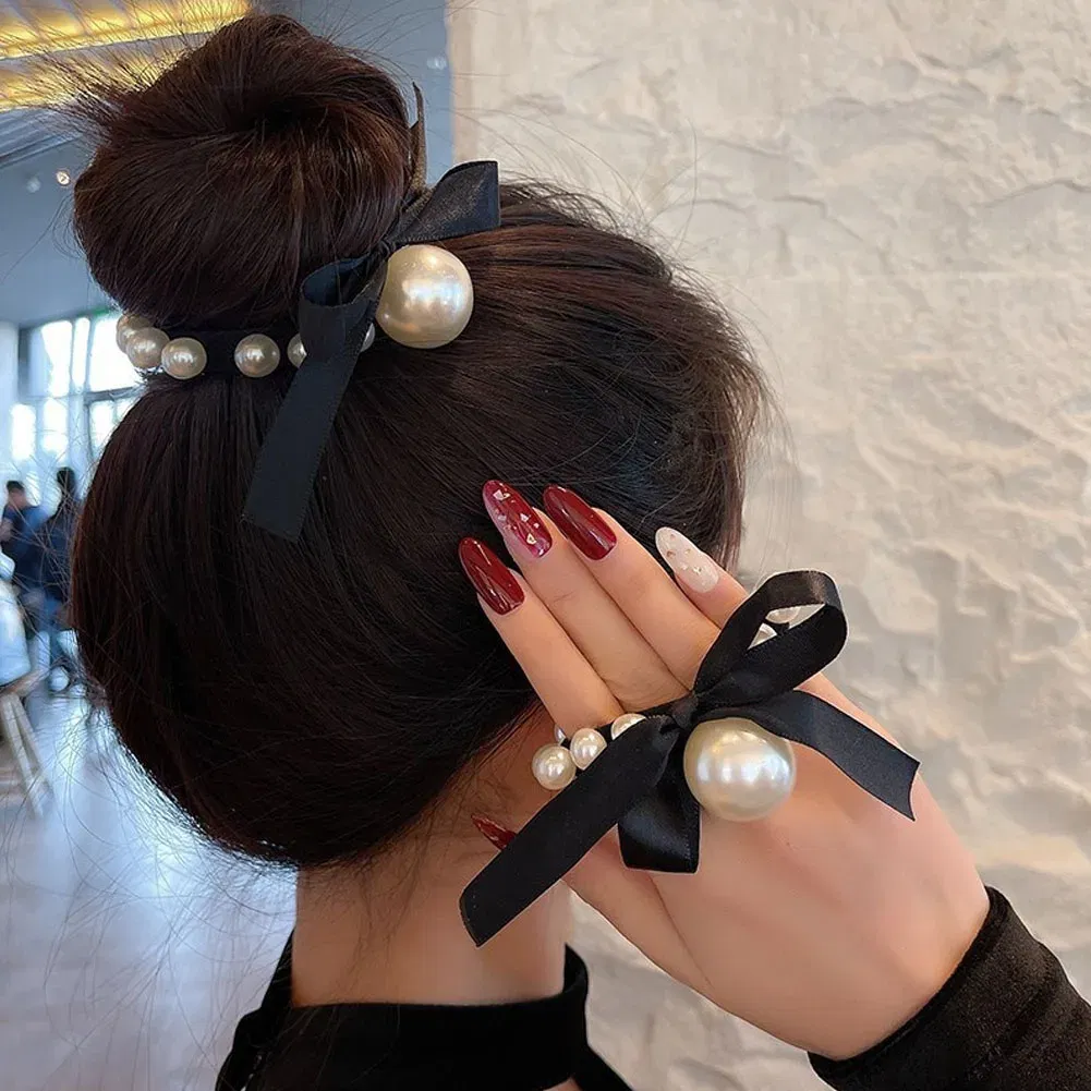Color: Orange - 2022 Fashion Woman Big Pearl Hair Ties Korean Style Hairband Scrunchies Girls Ponytail Holders Rubber Band Hair Accessories
