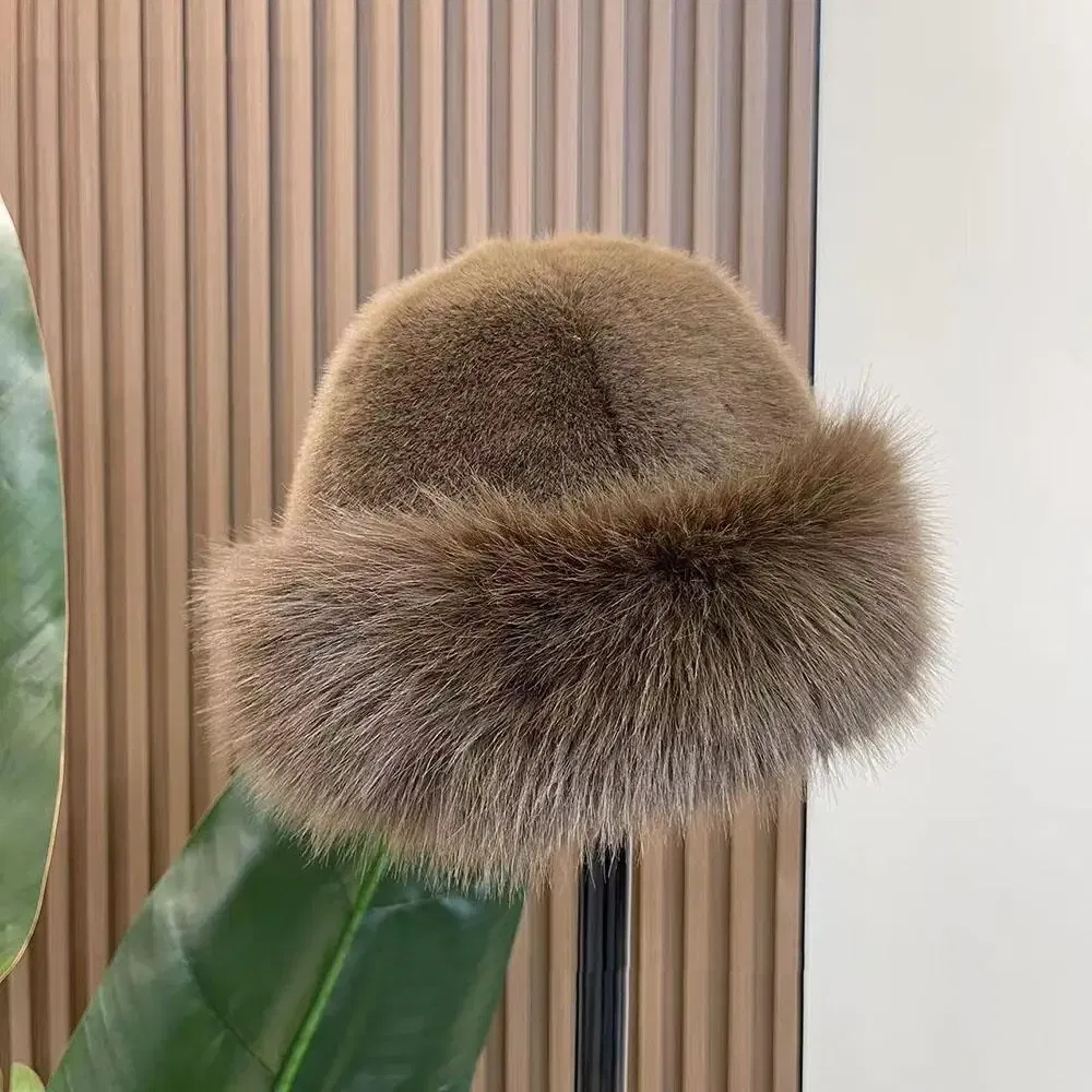 Color: Dark Grey - New Fluffy Fur Women's Winter Hat Winter Snow Ski Cap Female Faux Fur Thick Warm Windproof Hat Russian Hat Mink Fisherman's Hat