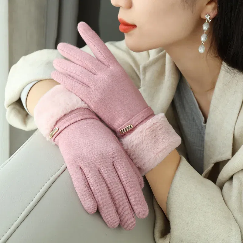 Color: GRAY, Gloves Size: One Size - Winter Women Keep Warm Plus Velvet Touch Screen Thicken Plush Wrist Suede Gloves Fashion Personality Elegant Drive Cycling