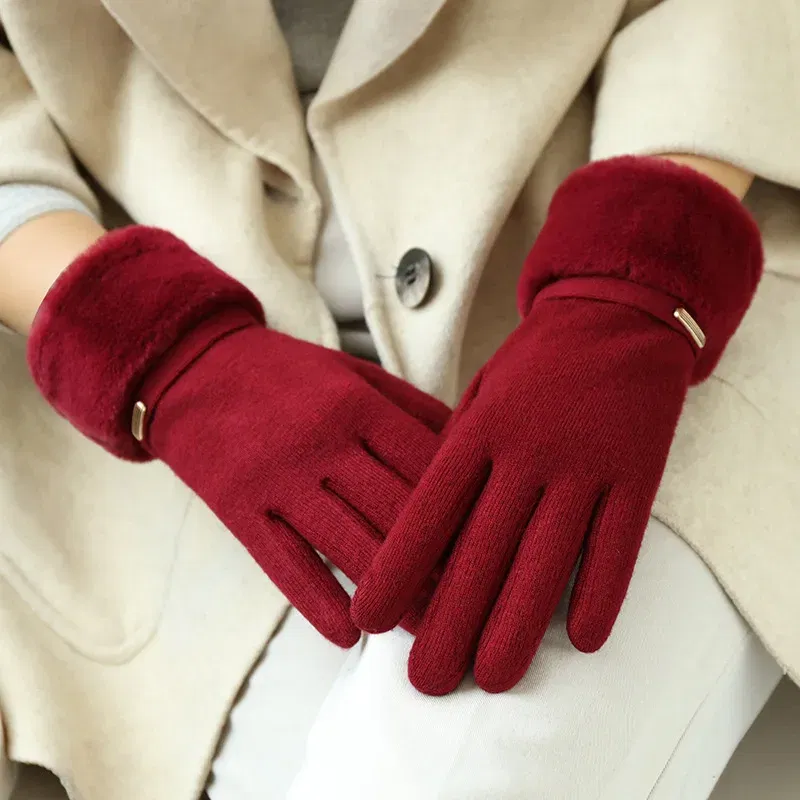 Color: GRAY, Gloves Size: One Size - Winter Women Keep Warm Plus Velvet Touch Screen Thicken Plush Wrist Suede Gloves Fashion Personality Elegant Drive Cycling