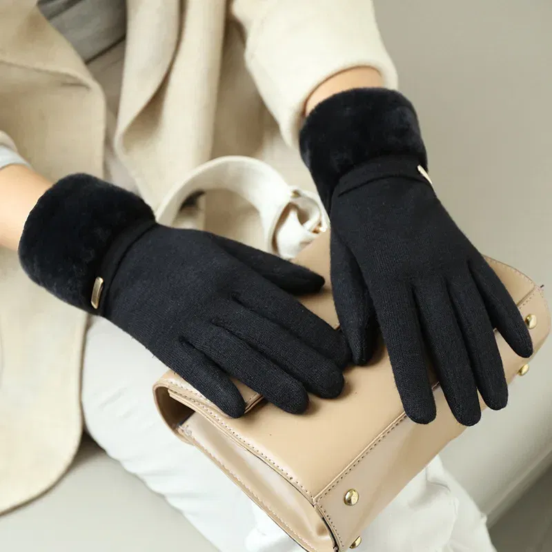 Color: GRAY, Gloves Size: One Size - Winter Women Keep Warm Plus Velvet Touch Screen Thicken Plush Wrist Suede Gloves Fashion Personality Elegant Drive Cycling