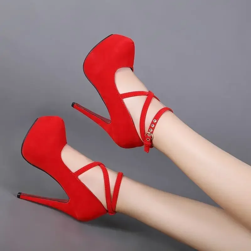 Color: Red, Shoe Size: 36 - Sexy Classic High Heels Women's Sandals Summer Shoes Ladies Strappy Pumps Platform Heels Woman Ankle Strap Shoes Sizes 34-42