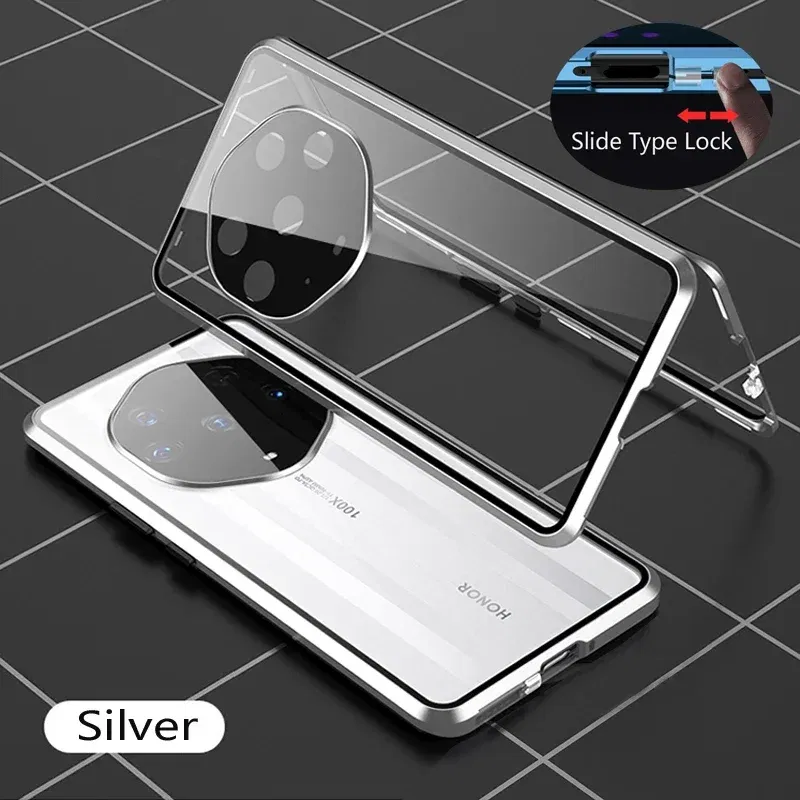 Color: Silver, Material: PE - Double Sided Glass Magnetic Metal Snap Lock Phone Case For Honor Magic 4 5 Ultimate 6 Lite 7 Pro Lens Protection Cover Cases