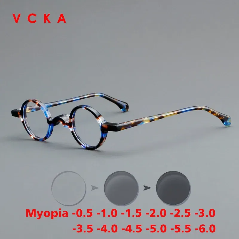 Frame Color: Blue, Eye Prescription: +150 - VCKA Photochromic Acetate Myopia Glasses Men Retro Small Round Frames Women Custom prescription Anti-Blue Eyewear -0.5 TO -10