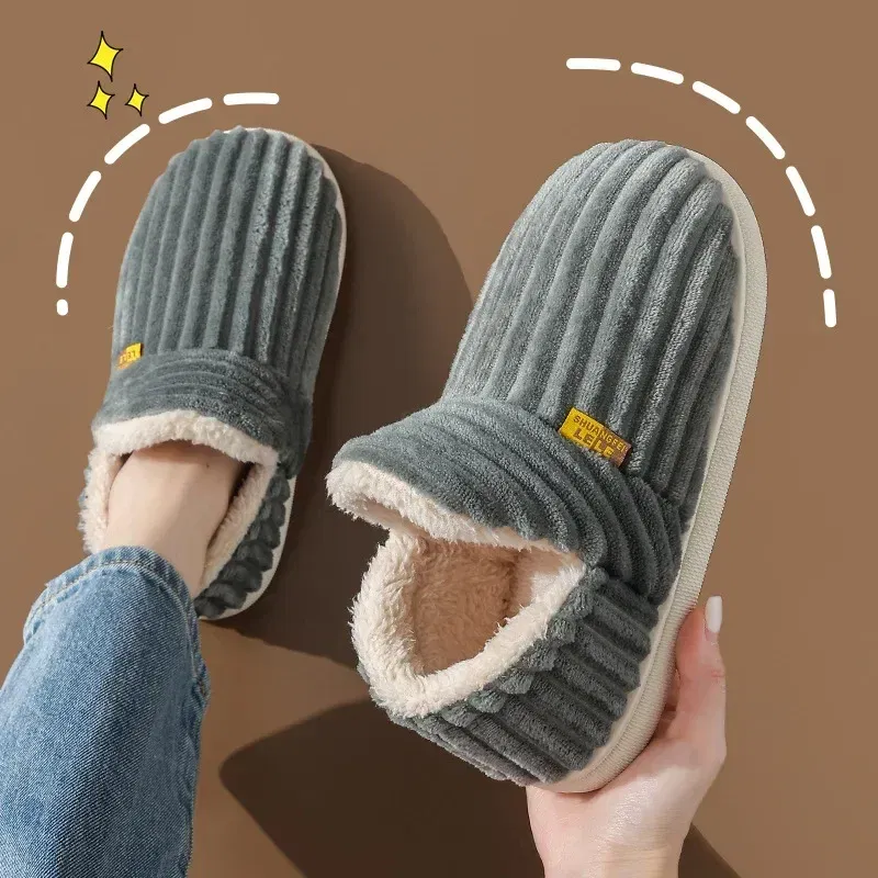 Color: Blue, Shoe Size: 38-39 - Winter Couple Style Concise Solid Color Wrap Heels Plush Slippers Non-slip Warm Flip Flops Women Men Home Casual Cotton Shoes