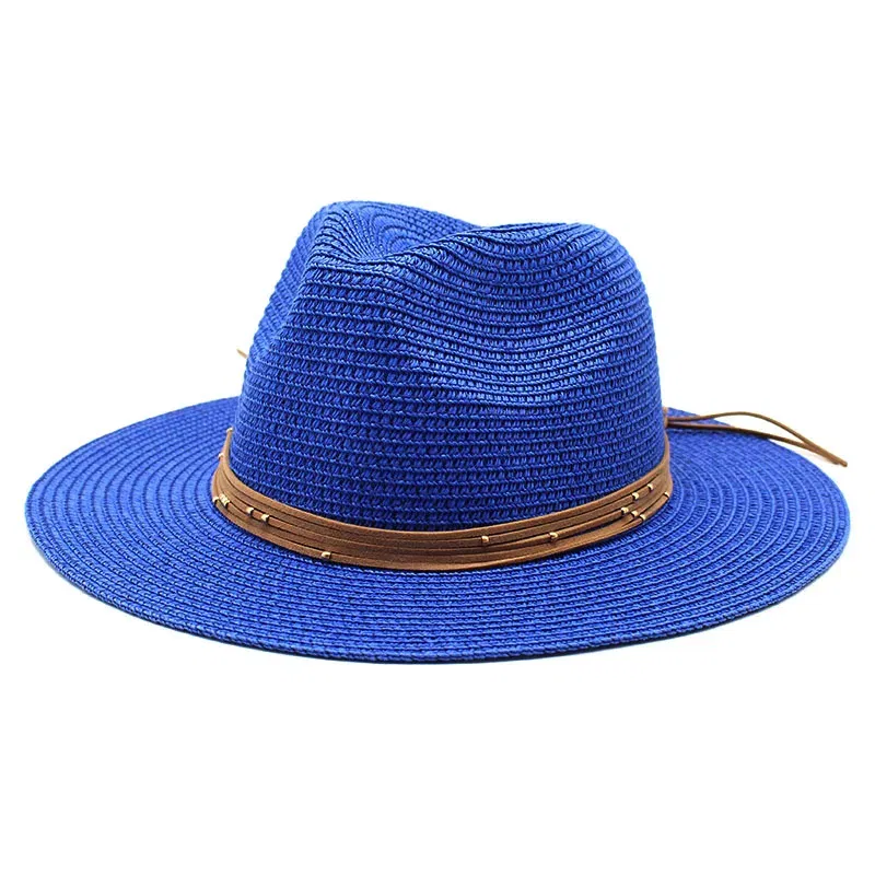 Color: Brown, Size: L - Big Size 60CM New Straw Hat 7cm Brim Summer Cooling Beach Sun Hat Outdoor Party Panama Jazz Hat Sombreros De Mujer