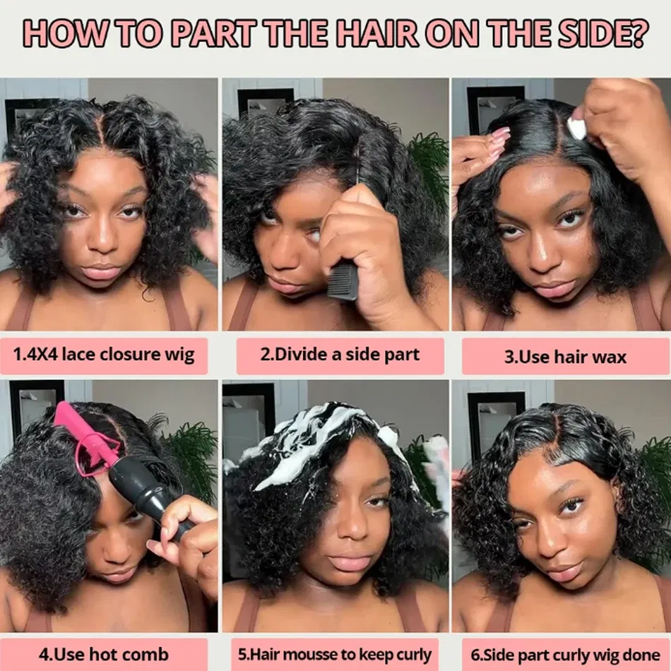 Hair Color: #6, Stretched Length: 12INCHES - 13X4 Glueless Water Wave Wigs Human Hair Pre Cut Bob Wig Ready To Go 180% Density 4x4 Water Wave Lace Closure Wigs Human Hair
