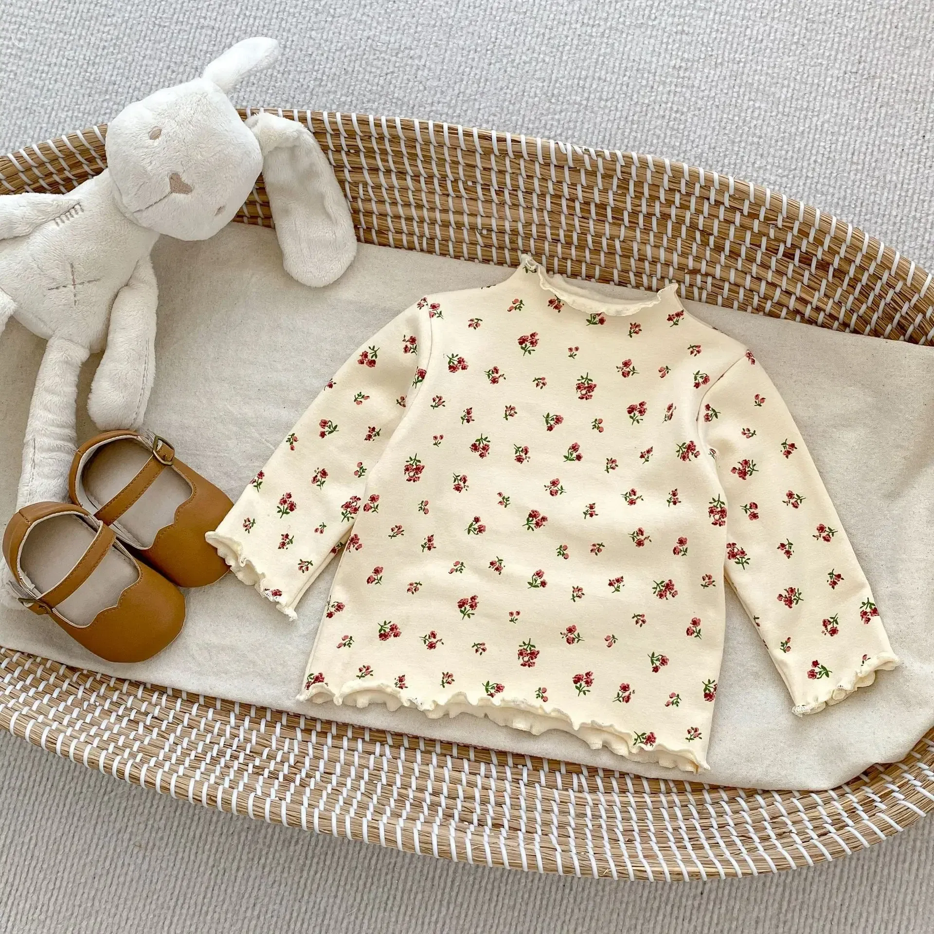 Color: Beige, Kid Size: 24M - New Baby Long Sleeve T Shirt Girls Cotton Casual Tees Infant Ruffled Versatile Shirts Kids Floral Striped Bottoming Tops