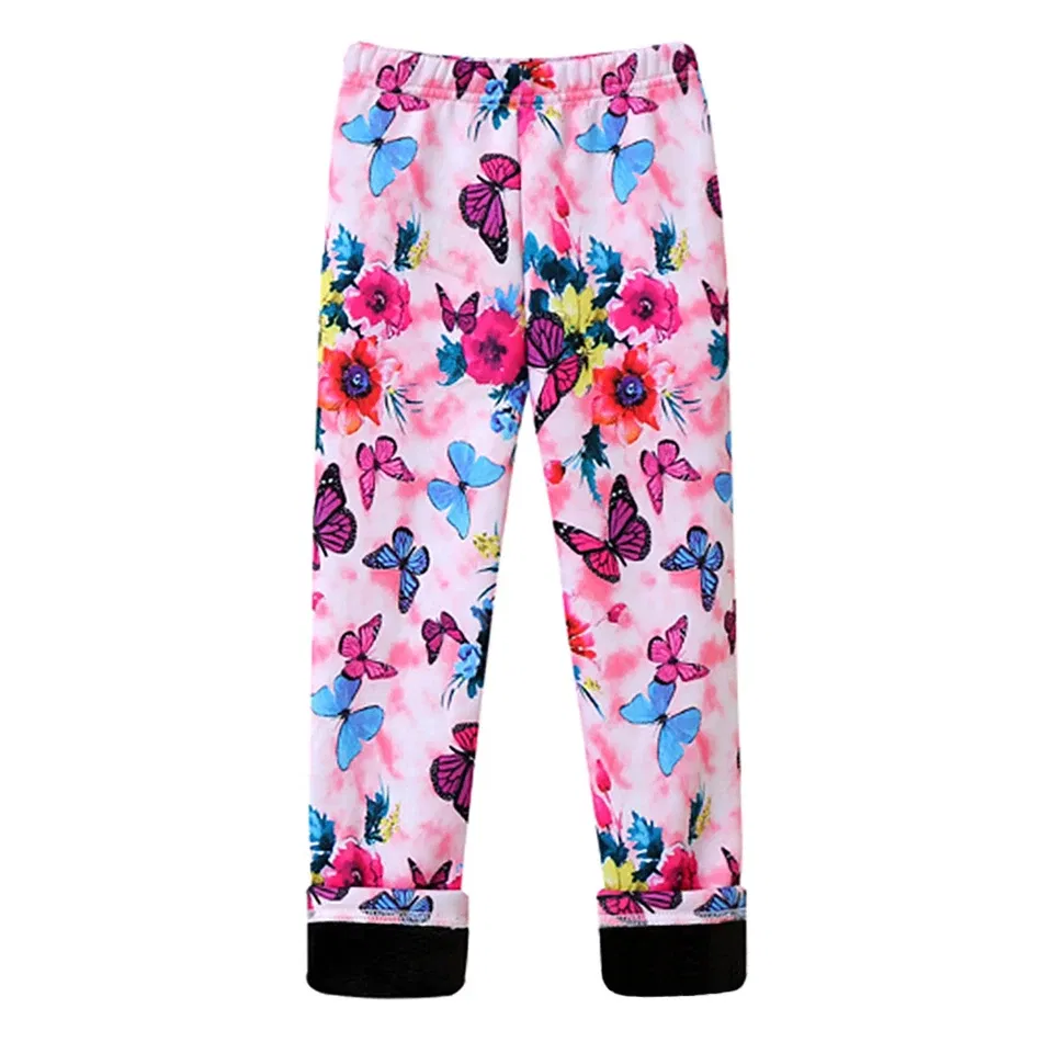 Color: WHITE, Size: 68 - Girls Warm Plush Long Pants for Autumn Spring Cartoon Butterfly Striped Soft Cozy Leggings Fleece-Lined Bottoms Kids Casual Wear