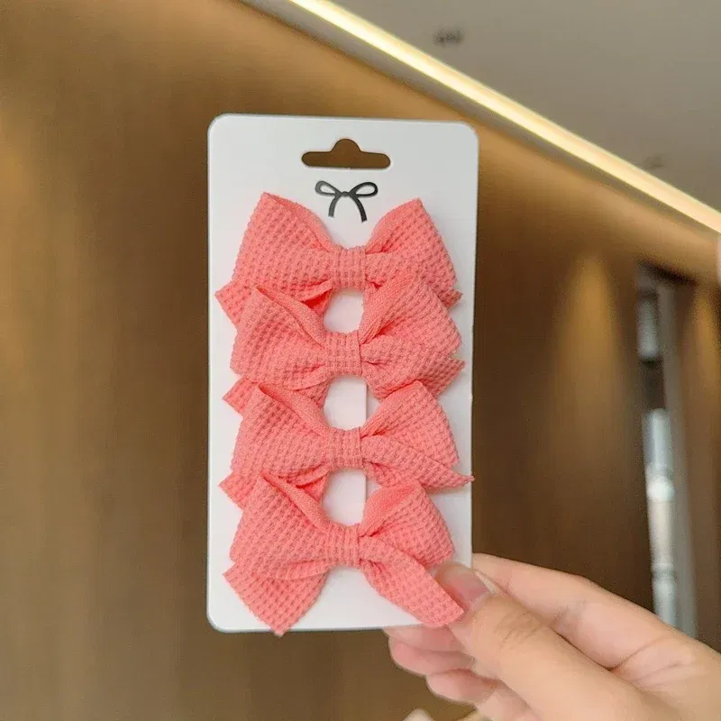 Color: Ginger - 4PCS Soft Cotton Bow Hairpin Girl Sweet Plaid Design Hairpin Color Block Delicate Hairgripe Barrettes Kawaii Child Accessories