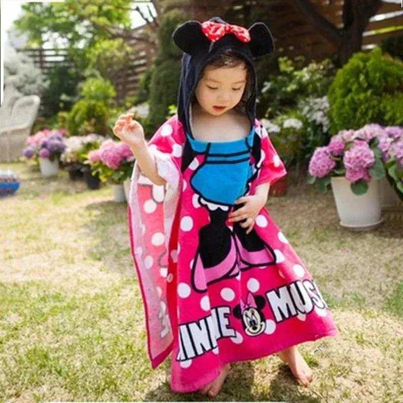 Color: Blue - Disney Kids Hooded Bath Towel Child Breathable Beach Towel Mickey Minnie McQueen Car Cartoon Boy Girl Towel 60x120cm