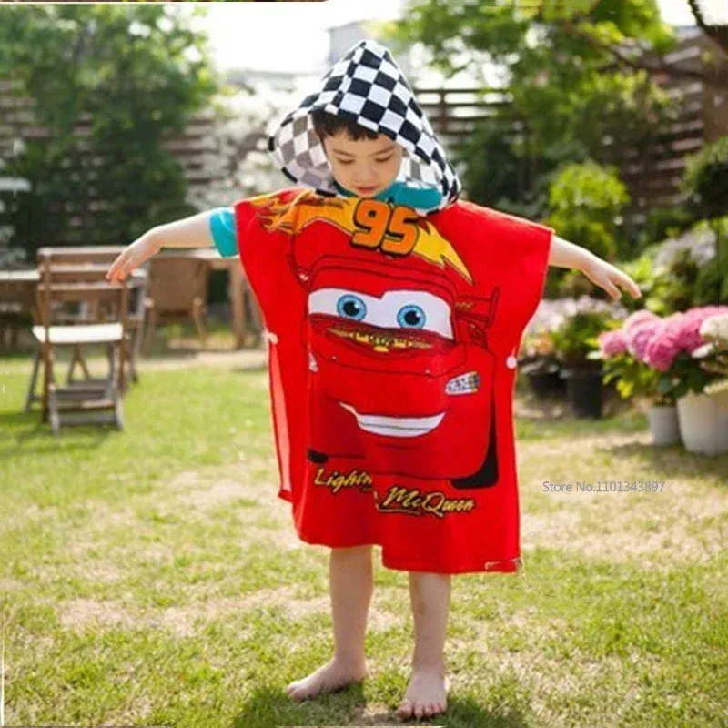 Color: Blue - Disney Kids Hooded Bath Towel Child Breathable Beach Towel Mickey Minnie McQueen Car Cartoon Boy Girl Towel 60x120cm