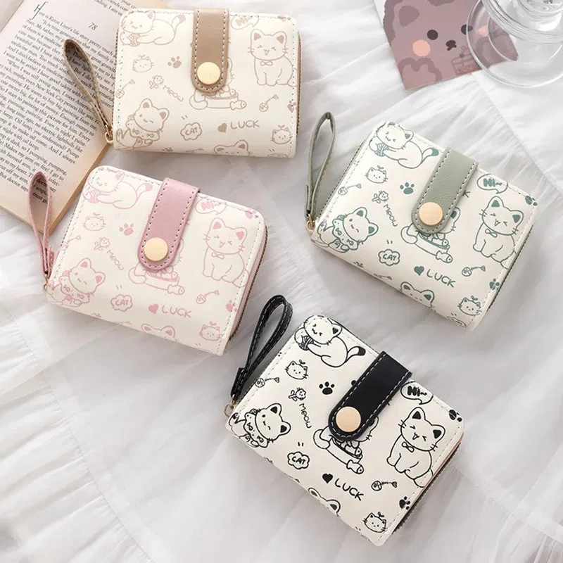 Small Cute Wallets for Women Card Holder Purses with Zip Coin Pocket High Quality Square Hand Bags Cat Wallet