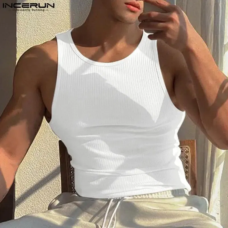 Color: GRAY, Size: S - INCERUN Men Tank Tops Solid Color O-neck Sleeveless Streetwear Summer Casual Vests Skinny 2023 Fashion Leisure Men Clothing 5XL
