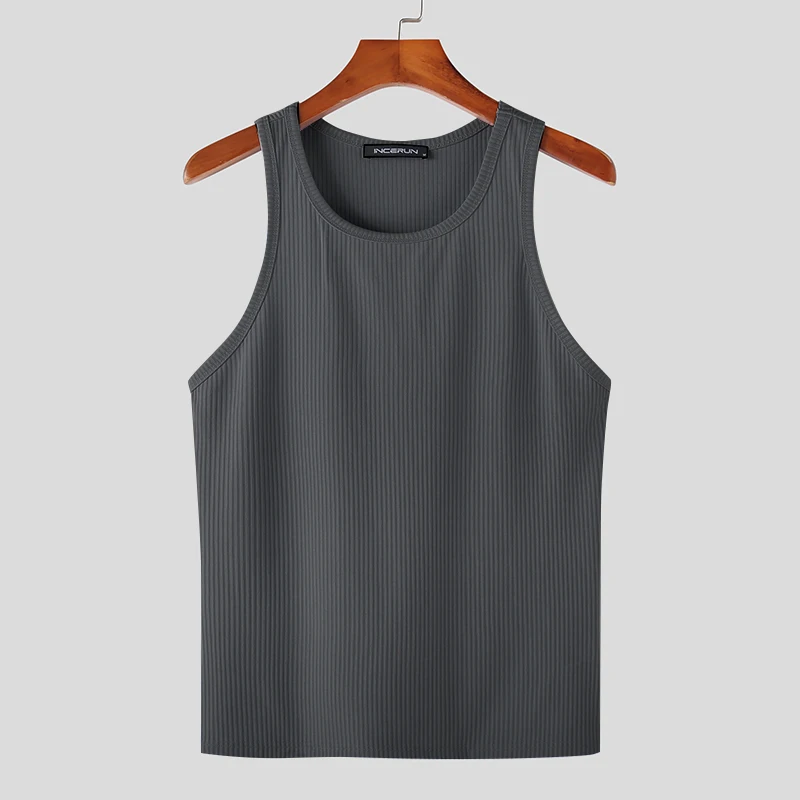 Color: GRAY, Size: S - INCERUN Men Tank Tops Solid Color O-neck Sleeveless Streetwear Summer Casual Vests Skinny 2023 Fashion Leisure Men Clothing 5XL