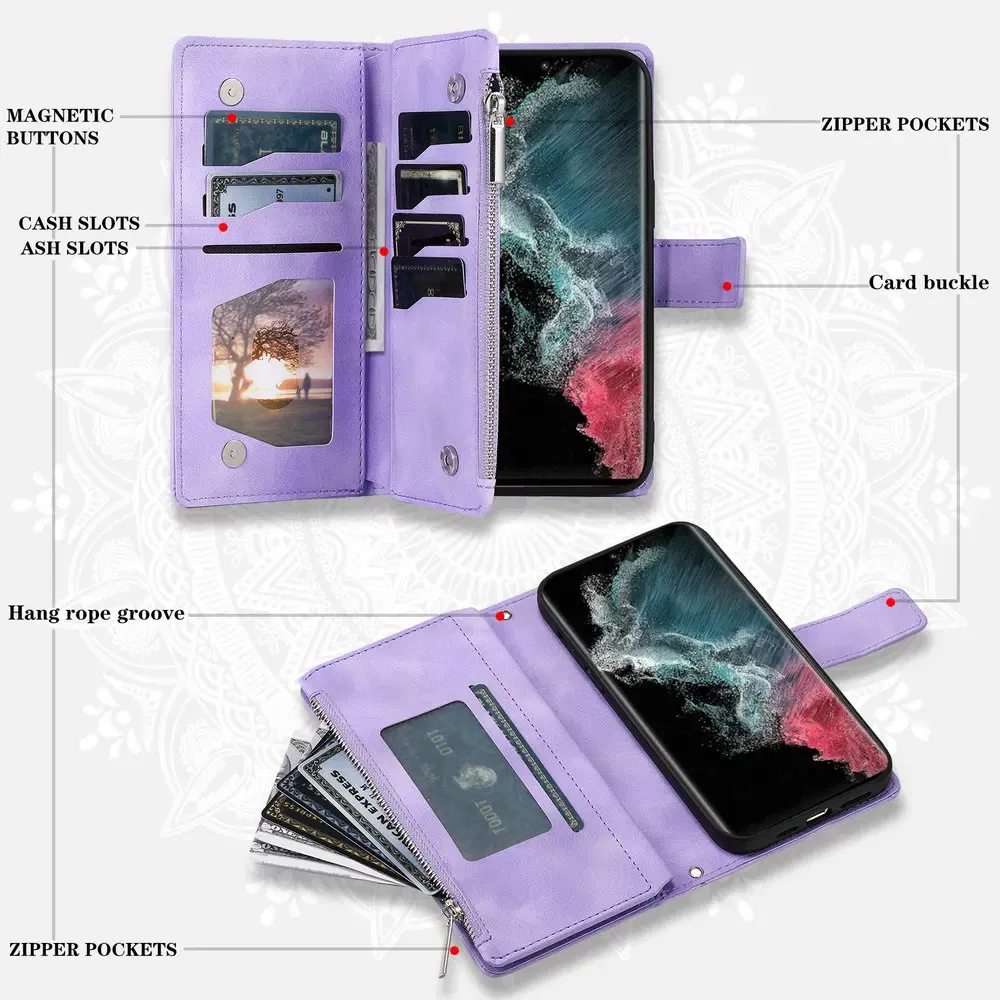 Color: PURPLE, Material: POLYESTER - S 23 S24 Ultra 5G Leather Case for Samsung Galaxy S23 Ultra Flip Cover Zipper CrossBody Book Funda S 24 Plus S23 FE Wallet Etui