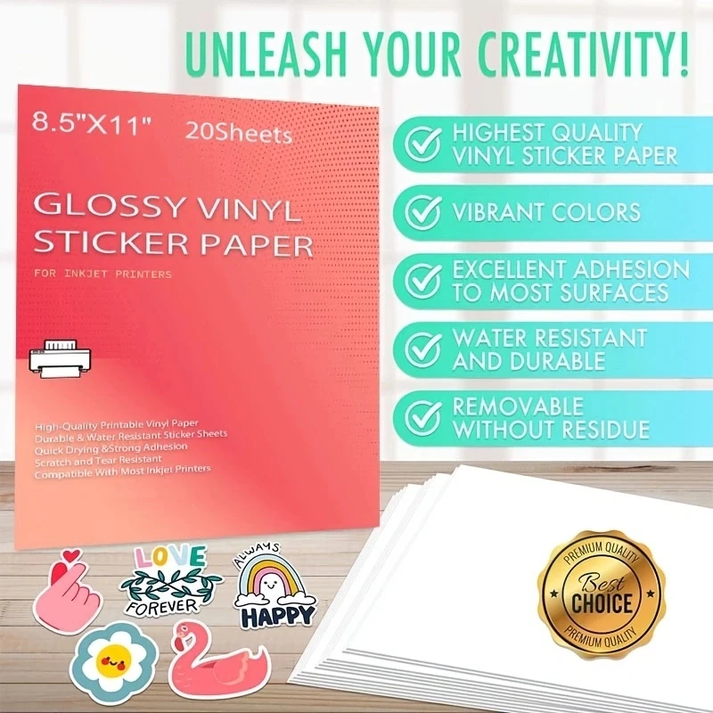 Color: WHITE - Printable Vinyl Sticker Paper for Inkjet laser Printer Glossy White Matte 20 Self-Adhesive Sheets Waterproof Decal Paper 8.5x11'