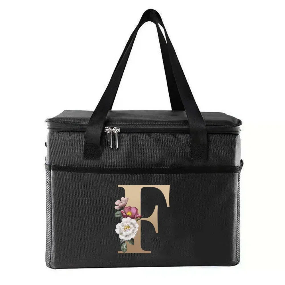Color: Gold - Thermal Bag Portable Lunch Bags Insulated Cooler Bag Food Bento Bags Printing Gold Letter Series Travel Picnic Storage Ice Bags