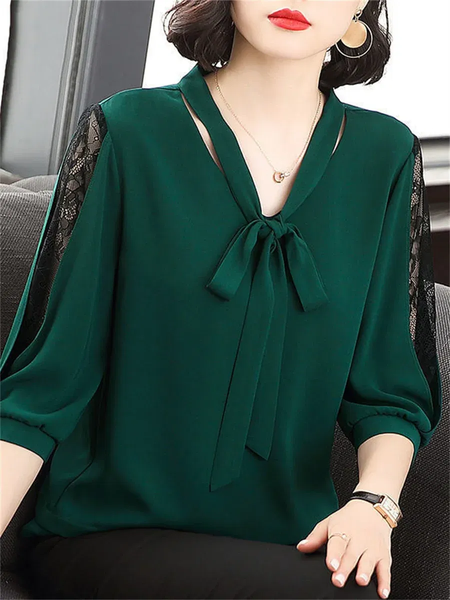 Color: black, Size: L - Women Spring Summer Style Blouses Tops Lady Casual Bow Tie Colloar Half Lace Sleeve Loose Blusas Tops DF4275