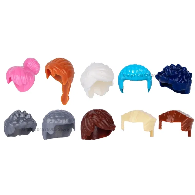 Color: Pink - MOC Brown Hair Building Blocks City Figures Body Creative Accessory Blond Gold White Parts DIY Hats Mini Bricks Assemble Toy S04
