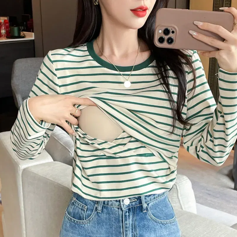 Color: black, Maternity Size: L - Striped Cotton Maternity Nursing Tees Casual Long Sleeve Breastfeeding T Shirts For Pregnant Women After Delivery Lacation Tops