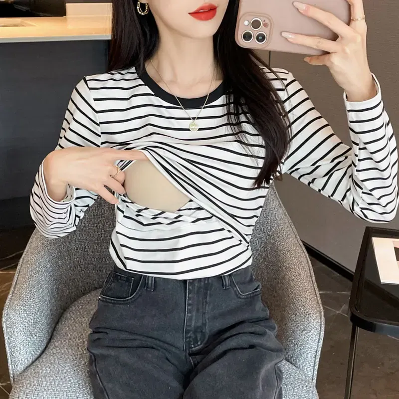 Color: black, Maternity Size: L - Striped Cotton Maternity Nursing Tees Casual Long Sleeve Breastfeeding T Shirts For Pregnant Women After Delivery Lacation Tops