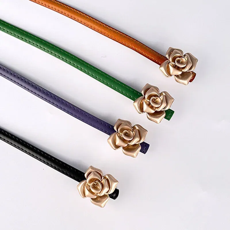 Color: Blue, Belt Length: 105CM - 1.0cm New Unique Rose Genuine Leather Gold Belt Women Fashion Cowskin Flower Thin Belts Female Jeans Dress Waistband