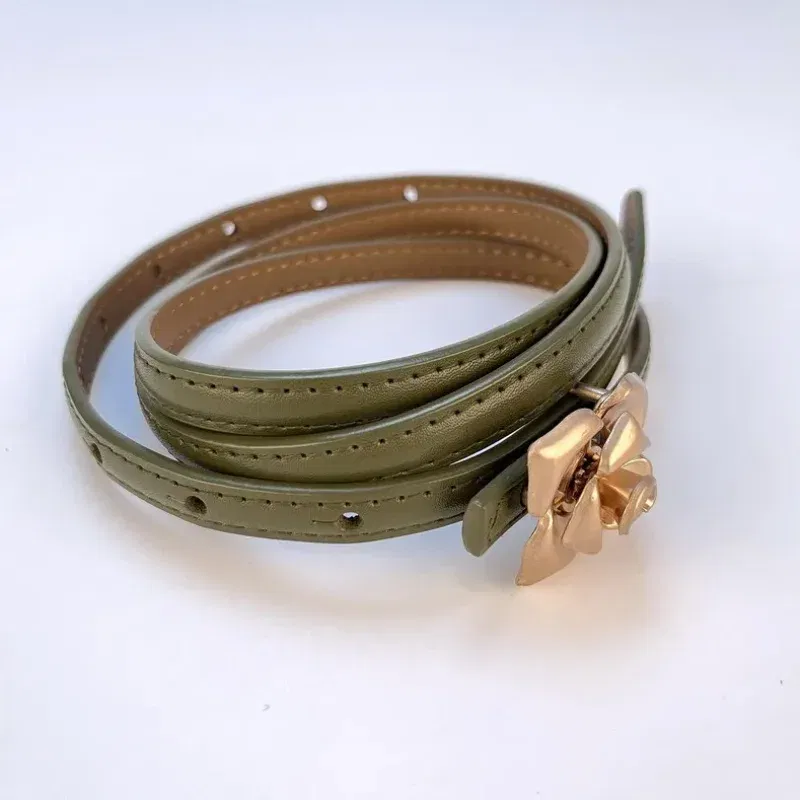 Color: Blue, Belt Length: 105CM - 1.0cm New Unique Rose Genuine Leather Gold Belt Women Fashion Cowskin Flower Thin Belts Female Jeans Dress Waistband
