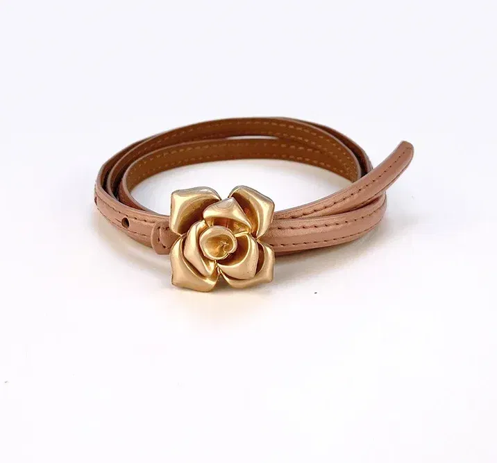Color: Blue, Belt Length: 105CM - 1.0cm New Unique Rose Genuine Leather Gold Belt Women Fashion Cowskin Flower Thin Belts Female Jeans Dress Waistband