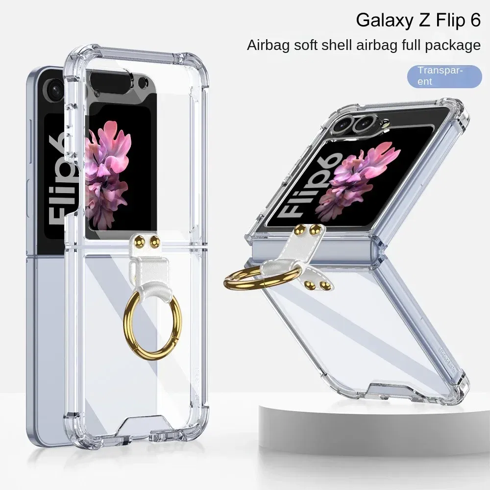 Color: Clear, Material: ABS - Electroplated Transparent Airbag Ring Phone Case for Samsung Galaxy Z Flip 6 5 Flip6 Flip5 5G Stand Shockproof Cover