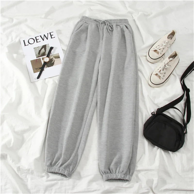 Color: Beige, Size: M - Gray women Sweatpants Autumn New Baggy Fashion Oversize Sports Pants Black winter thick Joggers Streetwear Trousers