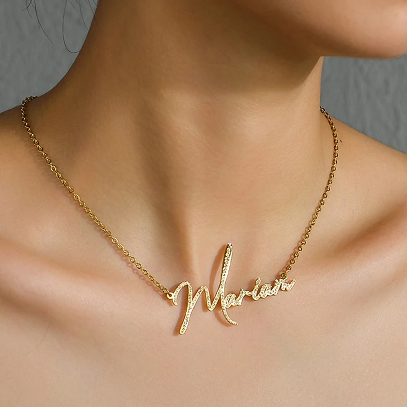 Metal Color: Rhodium Plated, Length: 70cm - Auxauxme Custom Crystal Zircon Name Necklace for Women Stainless Steel Personalized Nameplate Golden Pendant Choker Jewelry Gift