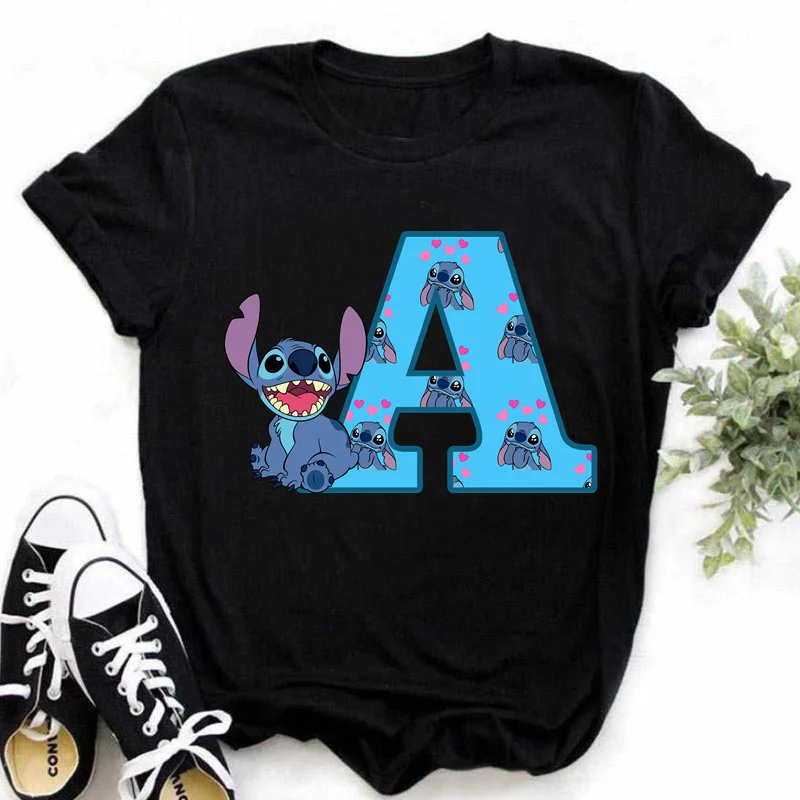 Color: Beige, Size: XL - Disney Lilo&Stitch A-Z Alphabet Summer Women's Printed T-Shirt Women's Casual Tops T-Shirt Fashion Cartoon Plus Size T-Shirt