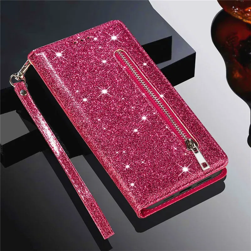Color: Rose Red, Material: PP - Zipper Flip Wallet Glitter Leather Case for iPhone 16 15 14 13 12 11 Pro Max XS XR 8 7 Plus SE 2022 Mini Bling Stand Phone Cover
