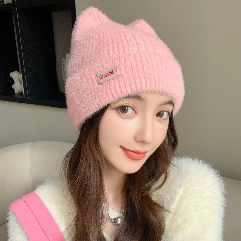 Color: Navy Blue, Size: One Size - New Women Cute Cat Ear Earflap Winter Hat Fashion Faux Fur Knitted Hat Kpop Style Soft Beanie Hats Candy Female Streetwear Cap