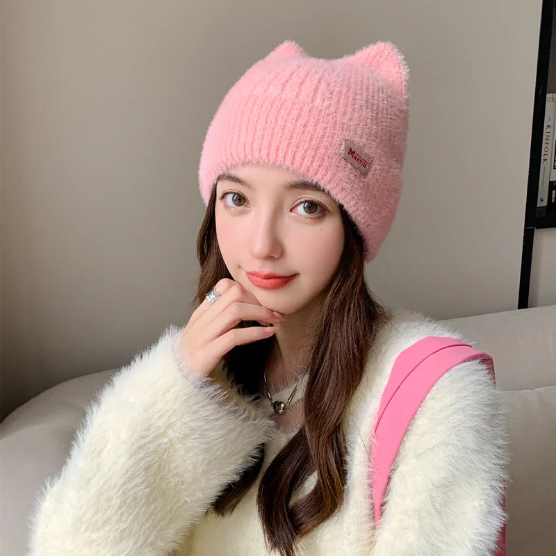 Color: Navy Blue, Size: One Size - New Women Cute Cat Ear Earflap Winter Hat Fashion Faux Fur Knitted Hat Kpop Style Soft Beanie Hats Candy Female Streetwear Cap