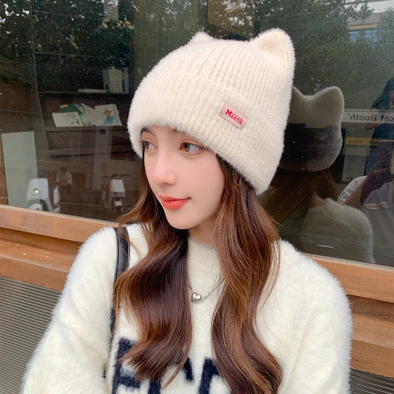 Color: Navy Blue, Size: One Size - New Women Cute Cat Ear Earflap Winter Hat Fashion Faux Fur Knitted Hat Kpop Style Soft Beanie Hats Candy Female Streetwear Cap