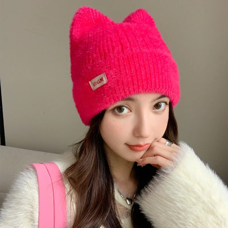 Color: Navy Blue, Size: One Size - New Women Cute Cat Ear Earflap Winter Hat Fashion Faux Fur Knitted Hat Kpop Style Soft Beanie Hats Candy Female Streetwear Cap