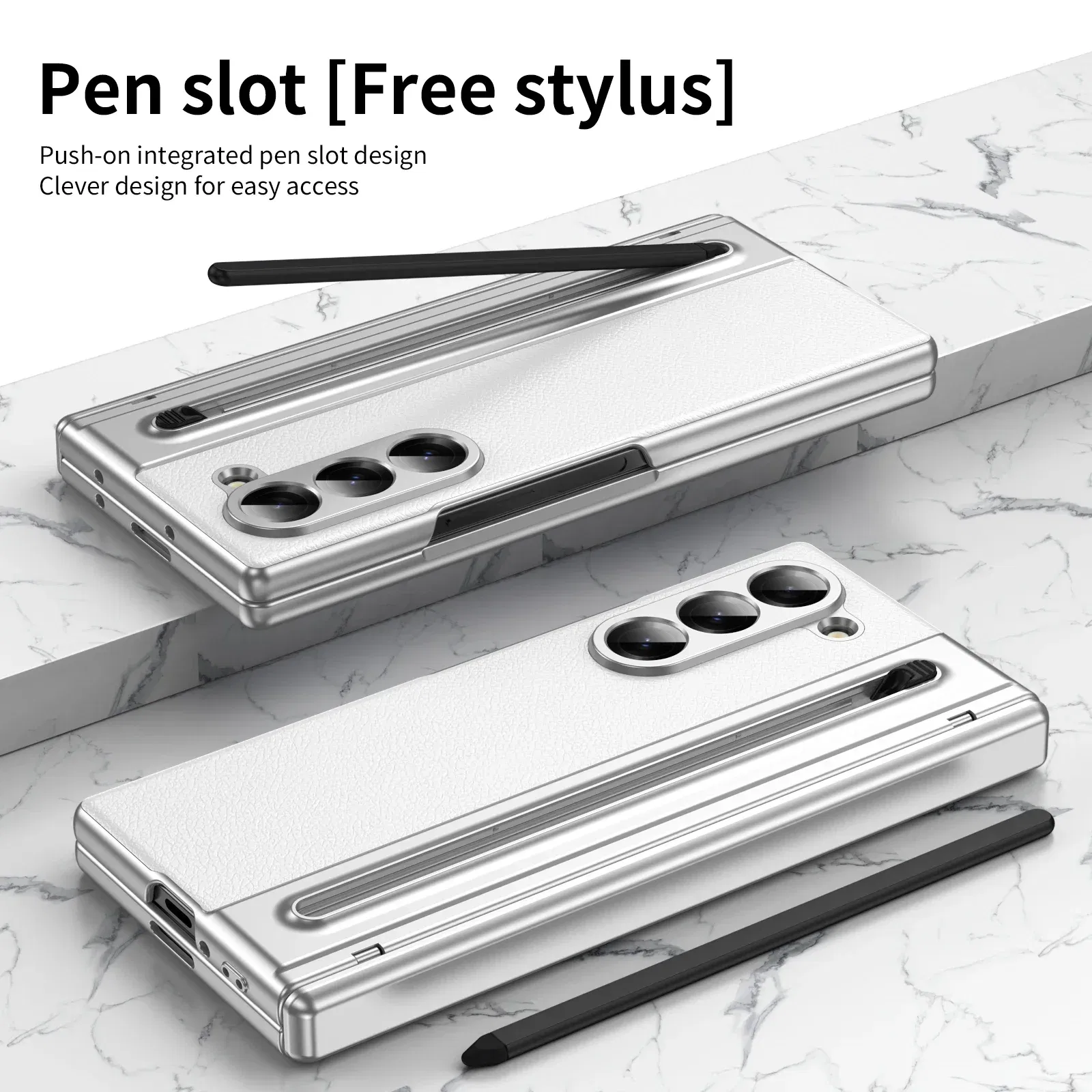 Color: WHITE, Material: aluminum - With Touch Pen For Samsung Galaxy Z Fold 6 Slim 5 W25 5 4 3 Case Leather Plating Hinge 360 Full Screen Protector Folding Cover