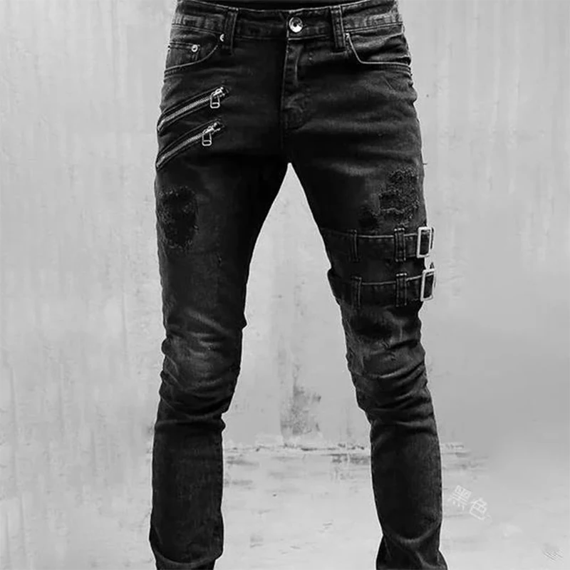 Color: Blue, Size: XL, Ships From: CHINA - Men's Punk Hip Hop Black Fashion Jeans Spring summer New Rock Motorcycle Street Wear Tight Casual Denim pants Straight leg pants