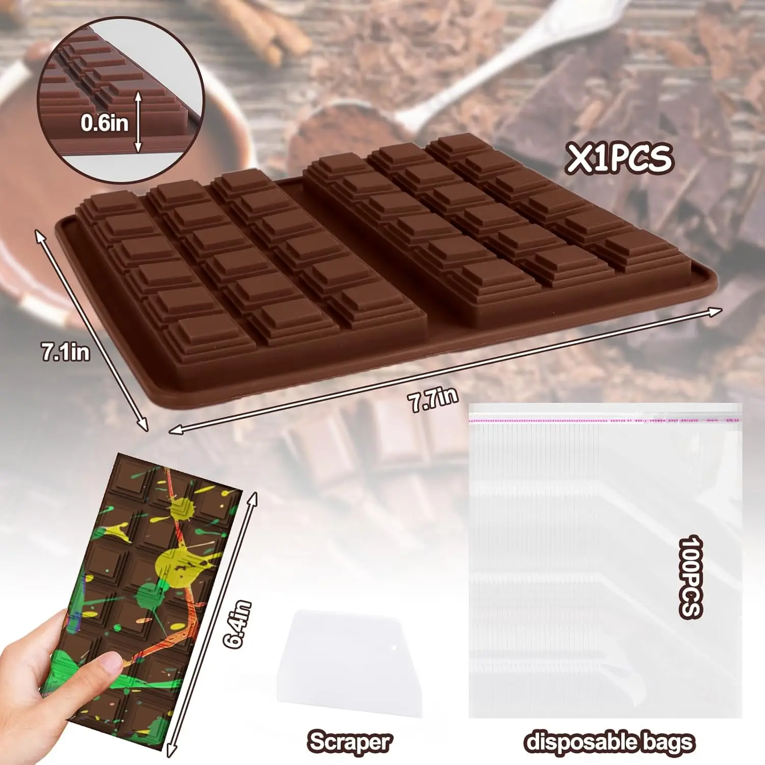 Silicone Dubai Chocolate Bar Mold with 100pcs Storage Bags for Candy Chocolate Pistachio Knafeh Stuffed Chocolate Bars DIY Mold