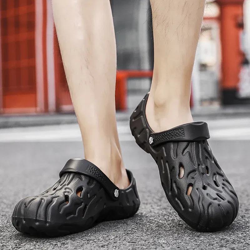 Color: Gold, Shoe Size: 39 - Men Summer Slippers Thick Sole Mens Clogs Sandals Hollow Breathable Flip Flops Sandals Shoes Fashion Beach Slippers