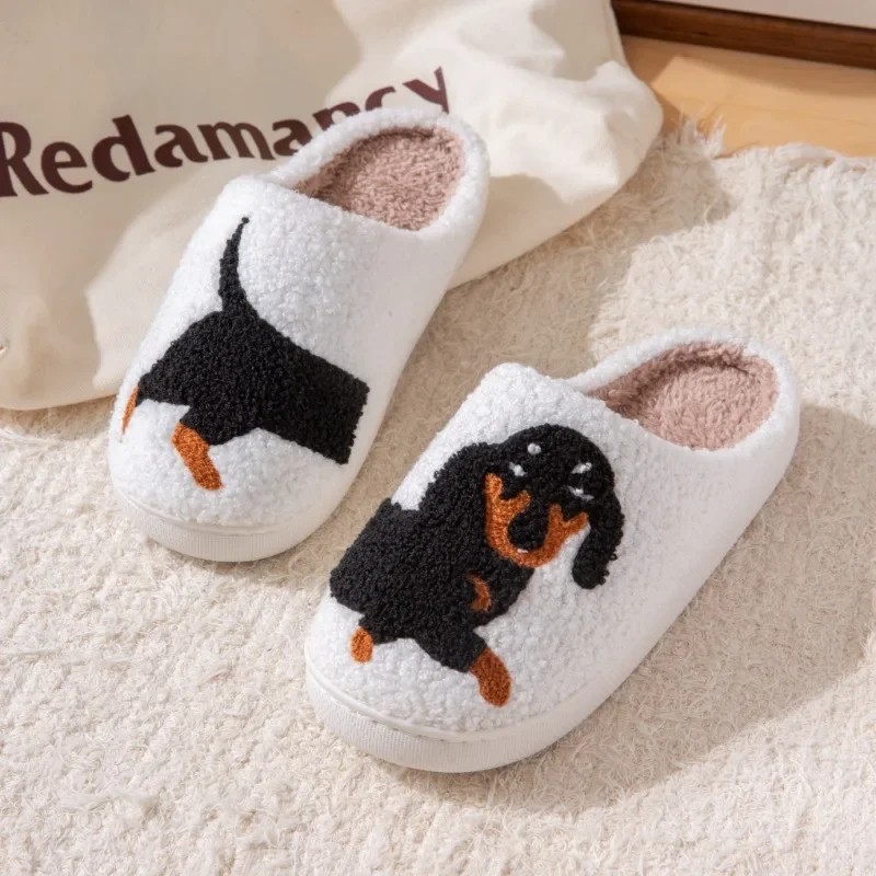 Color: Beige, Shoe Size: 36-37 - Pet Pattern Dachshund Embroidery Stuffed Home Thick Sole Plaid Furry Cotton Slippers Warm Non-slip Indoor Slippers Pet Mom Gift
