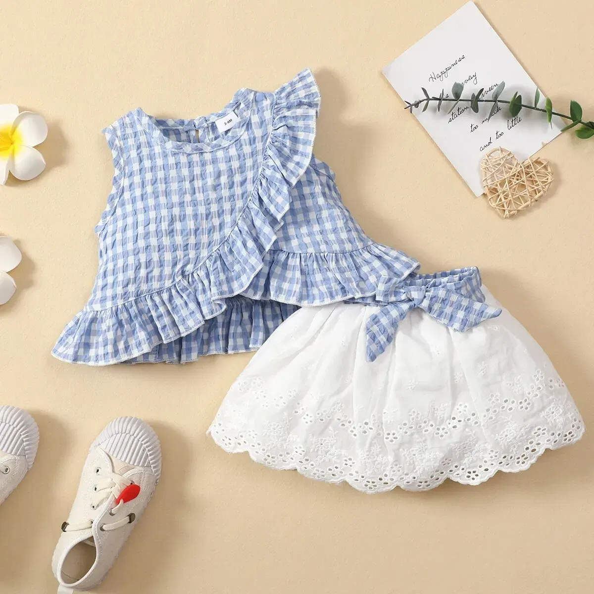 Kid Size: 3T, Color: Red - Charming Girls' Summer Ensemble: Sleeveless Plaid Ruffle Top & Lace Hem Skirt - Comfy, Durable & Stylish