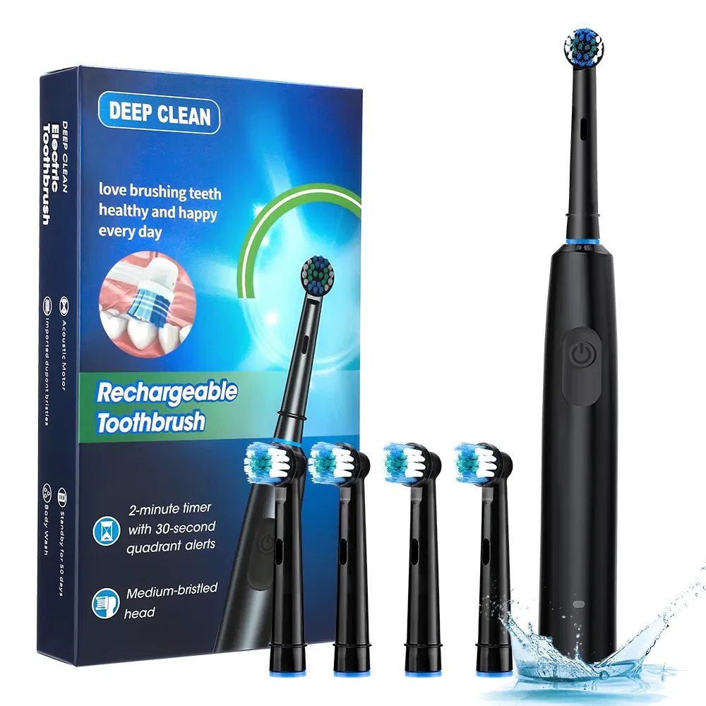Color: black - Electric Rotating Toothbrush 5 Modes Cleaning Teeth Brush Waterproof Rotary Electric Toothbrush With Timer with 8 Soft BrushHead