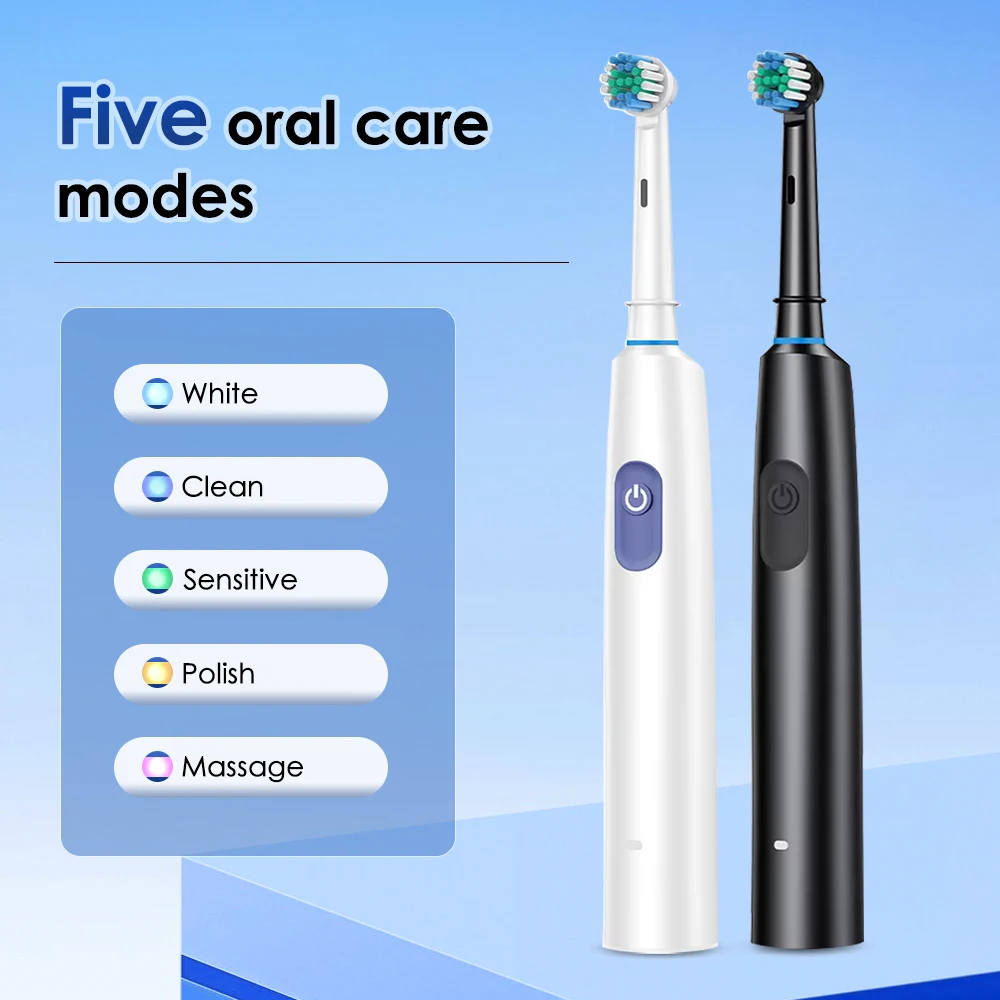 Color: black - Electric Rotating Toothbrush 5 Modes Cleaning Teeth Brush Waterproof Rotary Electric Toothbrush With Timer with 8 Soft BrushHead