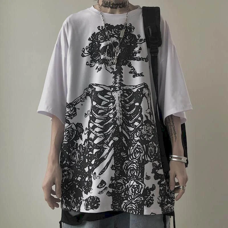 Color: WHITE, Size: XXXL - Men T-shirts 2023 Summer Streetwear High Street Gothic Skull Tshirt Loose Oversized Short-sleeved T shirt Dark Anime Men Y2k Top